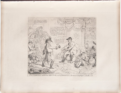 original James Gillray print Pantagruel's Victorious Return to the Court of Gargantua, after extirpating the Soup-Meagres of Bouille Land